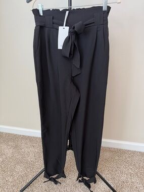 Grace Karin Black Paperbag Waist Tie Trousers